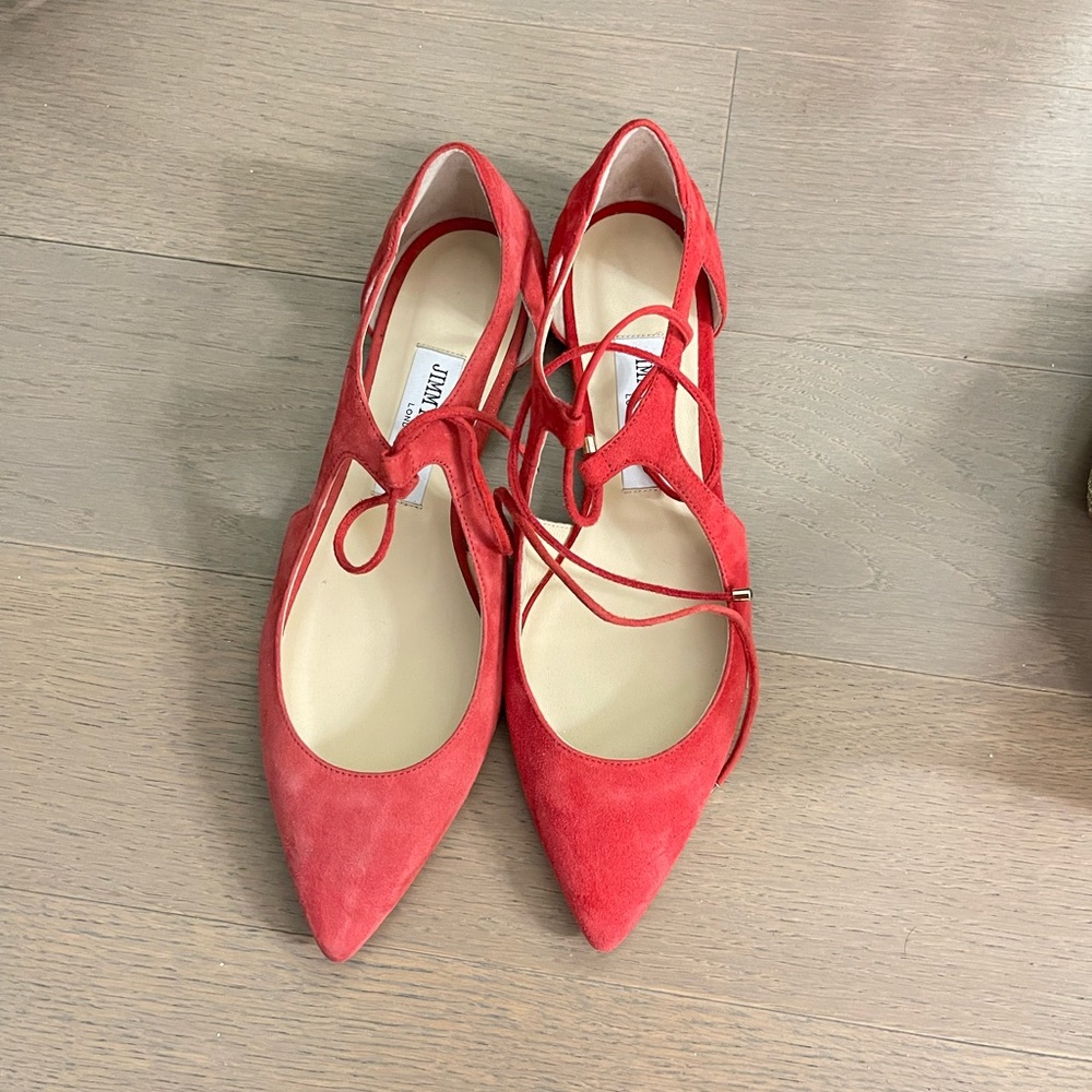 Jimmy Choo Red Vanessa Suede Strap Lace Pointed Toe Ballet Flats 37.5